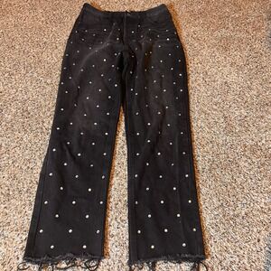 Simple Society Rhinestone Jeans Frayed Hem Black Denim Straight Leg 7/28
